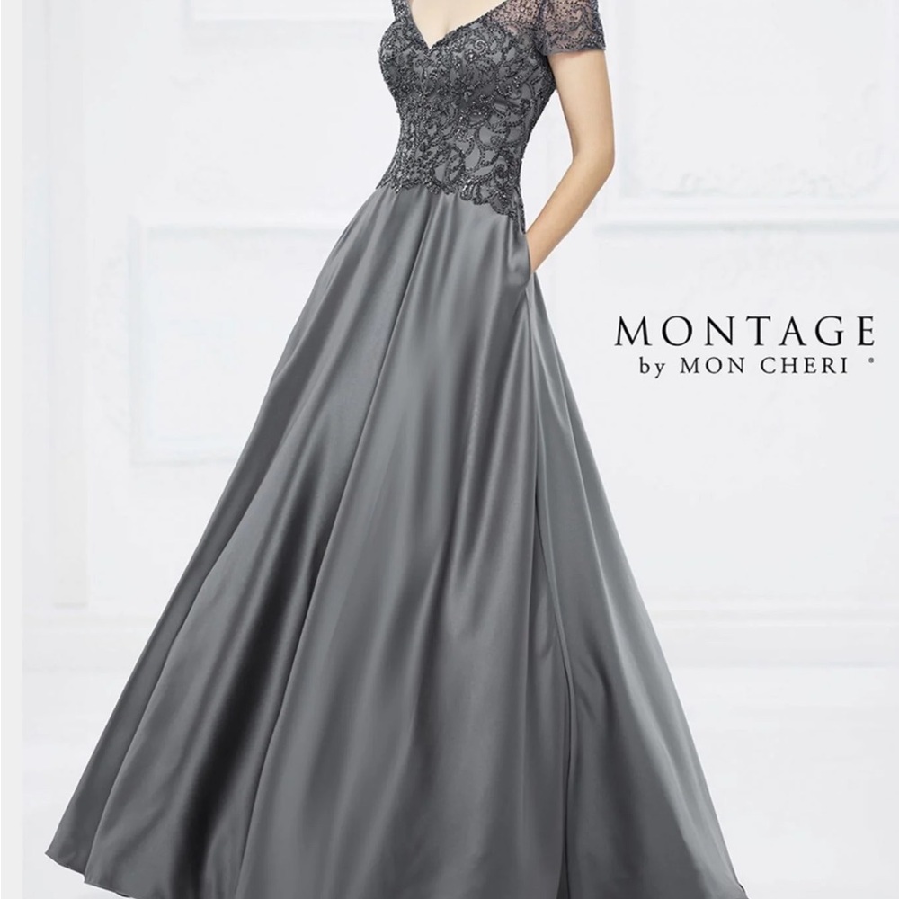 Montage by Mon Cheri Gray Lace Evening Gown